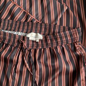 Anthropologie Satin Stripe Wide Leg Pajama Lounge Pants Pockets M Black Brown